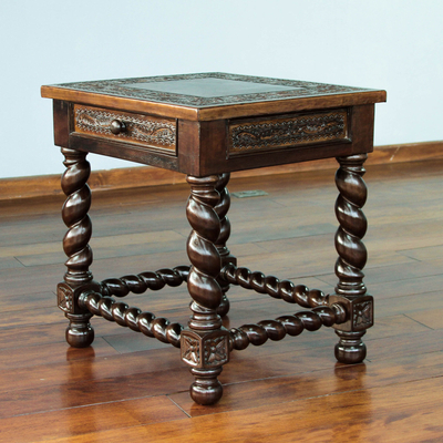 Mohena wood and leather accent table, 'Viceroy' - Handcrafted Traditional Leather Wood End Table