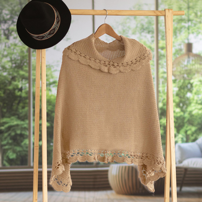 Alpaca blend poncho, 'Golden Camel' - Handmade Alpaca Wool Blend Knit Poncho