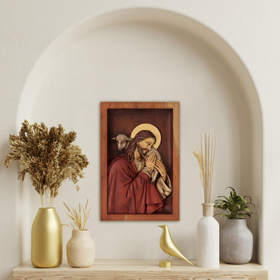 Cedar relief panel, 'Blessed Good Shepherd' - Hand Carved Wood Relief Wall Panel With Bronze Leaf