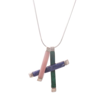 Chrysocolla and sodalite pendant necklace, 'Just Play' - Rose Quartz and Sodalite Pendant Necklace