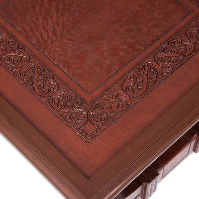 Mohena wood and leather accent table, 'Fern Garland' - Peruvian Contemporary Leather Wood Accent Table