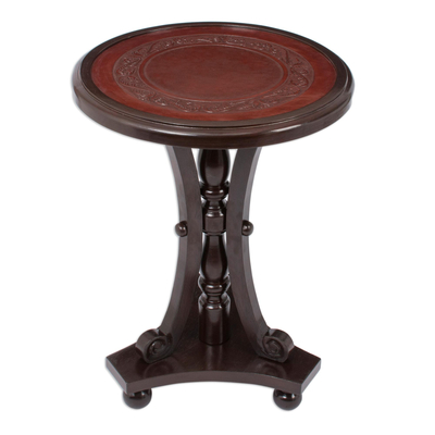 Unique Colonial Wood Leather Accent Table Furniture