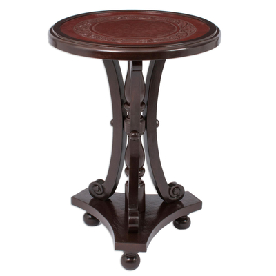 Mesa decorativa de madera y cuero Mohena - Muebles de mesa con acento de cuero de madera colonial único