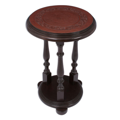 Mohena wood and leather accent table, 'Pedestal' - Traditional Leather Pedestal Wood Accent Table