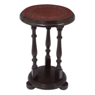 Mesa decorativa de madera y cuero Mohena, 'Pedestal' - Mesa decorativa de madera con pedestal de cuero tradicional