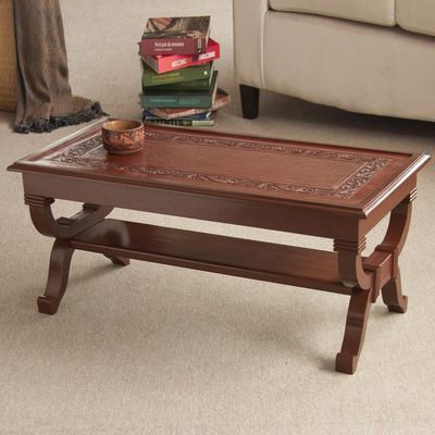 Mohena wood and leather coffee table, Fern Garland