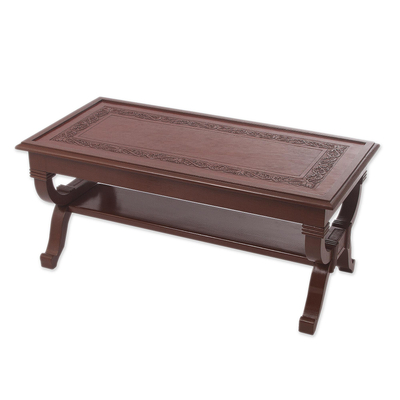 Mohena wood and leather coffee table, 'Fern Garland' - Hand Crafted Contemporary Wood Leather Coffee Table