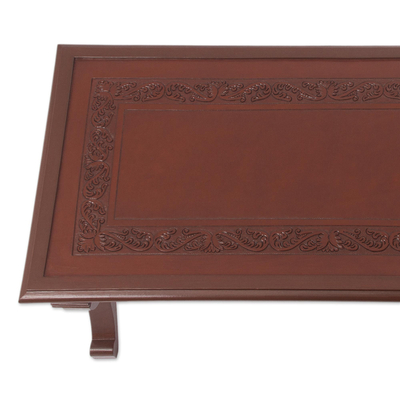 Mohena wood and leather coffee table, 'Fern Garland' - Hand Crafted Contemporary Wood Leather Coffee Table