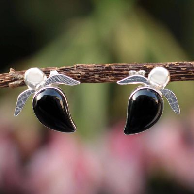 Obsidian button earrings, 'Turtle Tales' - Peruvian Obsidian and Silver Button Earrings