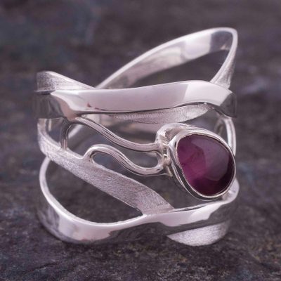 Amethyst band ring, 'Lyrical' - Modern Sterling Silver Single Stone Amethyst Band Ring