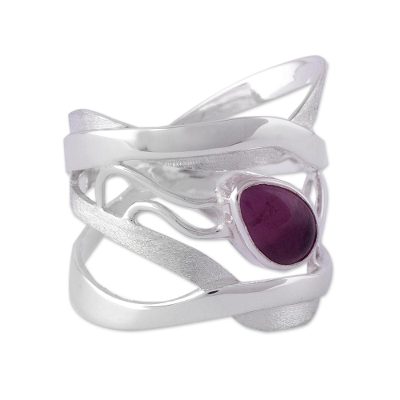 Amethyst band ring, 'Lyrical' - Modern Sterling Silver Single Stone Amethyst Band Ring