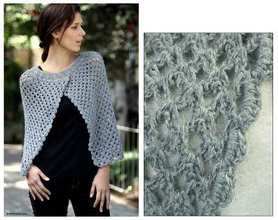 100% alpaca poncho, 'Silver Night' - Women's Alpaca Wool Crocheted Poncho from Peru