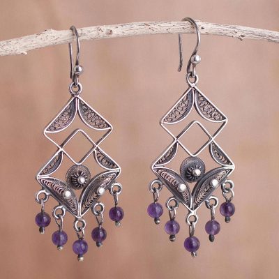 Amethyst chandelier earrings, 'Dark Filigree Maze' - Amethyst chandelier earrings