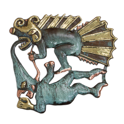 Handcrafted Dragon and Demon Bronze and Copper Wall Sculpture
