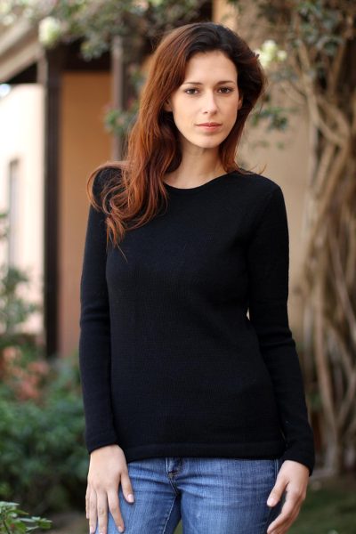 100% alpaca sweater, 'Ebony Charm' - Black Alpaca Wool Pullover Sweater