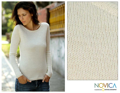 100% alpaca sweater, 'Ivory Charm' - Women's Alpaca Wool Classic Pullover Sweater