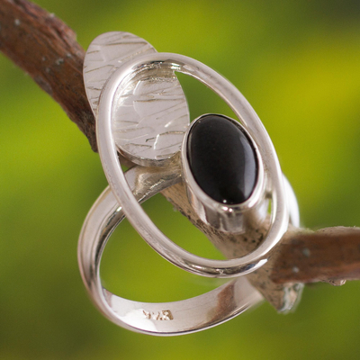 Obsidian cocktail ring, 'Motion' - Handcrafted Modern Sterling Silver Cocktail Obsidian Ring