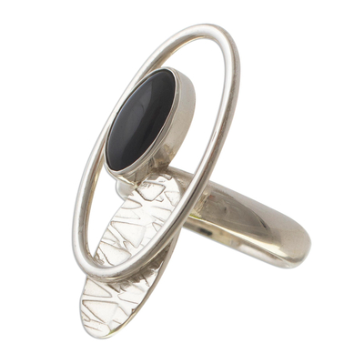 Obsidian cocktail ring, 'Motion' - Handcrafted Modern Sterling Silver Cocktail Obsidian Ring