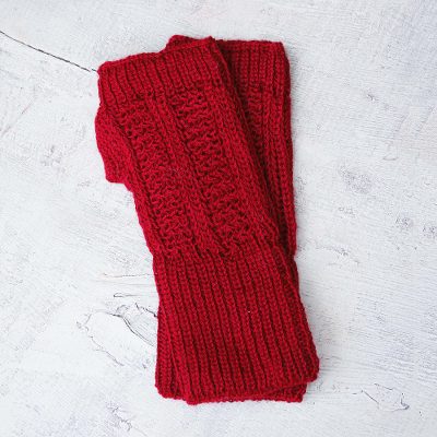 Alpaca blend fingerless mitts, 'Scarlet Glam' - Alpaca Wool Fingerless Mitts from Peru