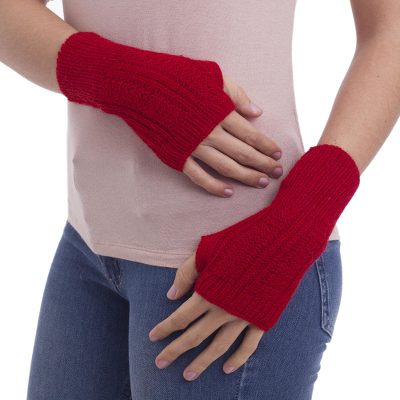 Alpaca blend fingerless mitts, 'Scarlet Glam' - Alpaca Wool Fingerless Mitts from Peru
