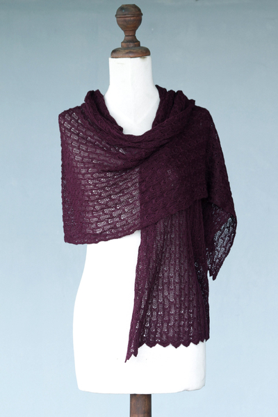 Alpaca blend shawl, 'Muse in Plum' - Alpaca Wool Soft Hand Knit Shawl