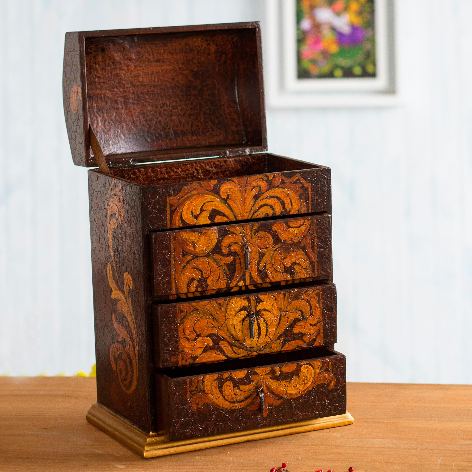 Caja joyero de madera pintado artesanal marron