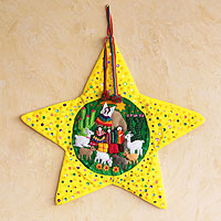 Applique Christmas star, 'Yellow Nativity Scene' - Peruvian Handwoven Christmas Decoration