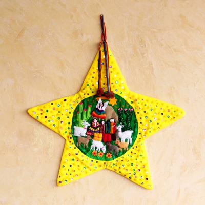 Peruvian Christianity Cotton Wall Hanging Christmas Star Yellow Nativity Scene Novica