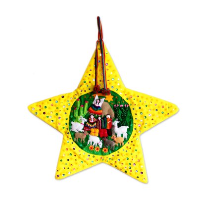 Applique Christmas star, 'Yellow Nativity Scene' - Peruvian Christianity Cotton Wall Hanging Christmas Star