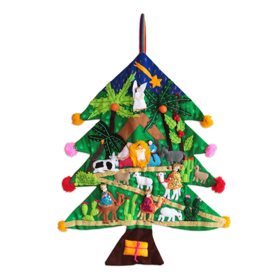 Applique Christmas tree wall hanging, 'Happy Nativity Scene' - Peruvian Christmas Tree Applique Wall Hanging