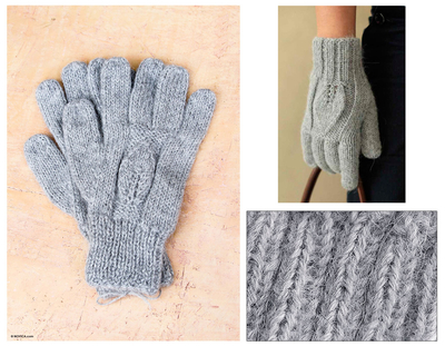 Alpaca Wool Gloves - Silver Leaves | NOVICA