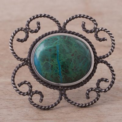Chrysocolla brooch pin pendant, 'Sea of Tranquility' - Floral Sterling Silver Chrysocolla Brooch Pin