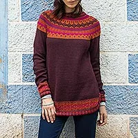 Suéter de alpaca de punto artístico, 'Playful Plum' - Suéter tipo jersey de alpaca de punto artístico para mujer de Perú