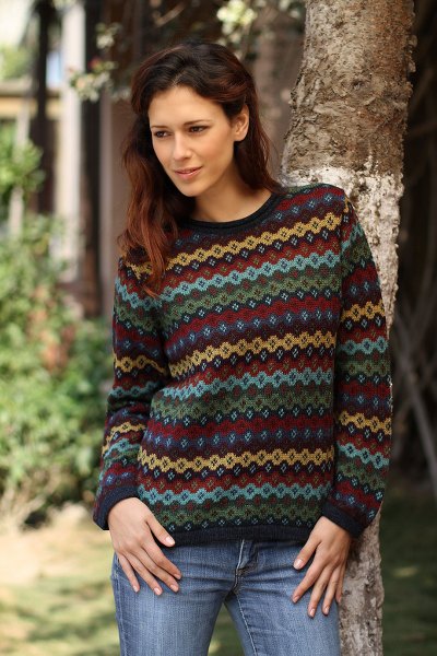 100% alpaca sweater, 'Spring Medley' - Alpaca Wool Striped Pullover Sweater