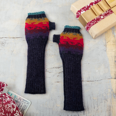 100% alpaca fingerless mitts, 'Andean Twilight' - Hand Crafted Alpaca Wool Gloves