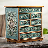 Reverse painted glass jewelry chest, 'Lima Blue' - Reverse Painted Glass Jewelry Chest from Peru