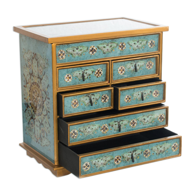 Reverse painted glass jewelry chest, 'Lima Blue' - Reverse Painted Glass Jewelry Chest from Peru