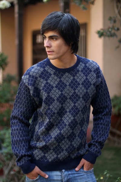 Men's alpaca blend sweater, 'Blue Argyle' - Men's Geometric Alpaca Patterned Pullover Sweater