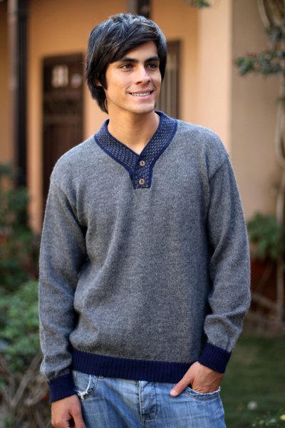 Men's alpaca blend sweater, 'Gray Day' - Men's Unique Alpaca Wool Blend Pullover Sweater