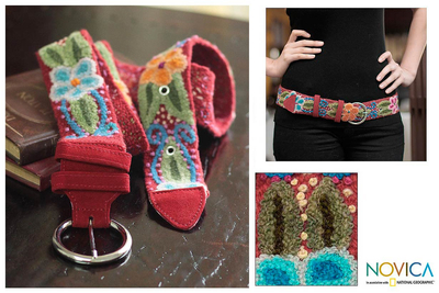Wool belt, 'Crimson Garland' - Fair Trade Women's Floral Wool Embroidered Belt