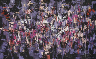 'Zusammensetzung in Violett'. - Original Abstrakte Malerei der Schönen Künste aus Peru