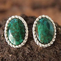 Chrysocolla button earrings, 'Alluring' - Unique Sterling Silver Chrysocolla Button Earrings