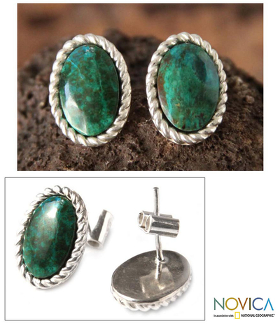 Chrysocolla button earrings, 'Alluring' - Unique Sterling Silver Chrysocolla Button Earrings