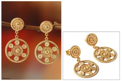 Gold plated filigree dangle earrings, 'Wheel of Life' - Gold Plated Filigree Dangle Earrings