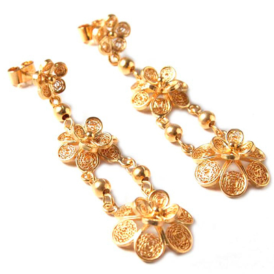 Gold vermeil dangle earrings, 'Garlands' - Floral 21K Gold Vermeil Filigree Dangle Earrings