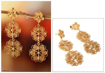 Gold plated filigree earrings, 'Flower Shower' - Fair Trade Floral Gold Plated Earrings