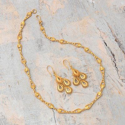 Gold plated chain necklace, 'Spiral Teardrops' - Handmade 21K Gold Plated Link Chain Necklace