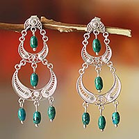 Chrysocolla chandelier earrings, 'Moon Goddess' - Peruvian Silver Filigree Chrysocolla Earrings