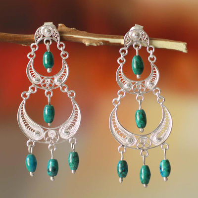 Chrysocolla chandelier earrings, 'Inca Goddess' - Peruvian Silver Filigree Chrysocolla Earrings