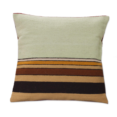 Wool cushion cover, 'Parallel Contrasts' - Geometric Wool Striped Green Cushion Cover from Peru